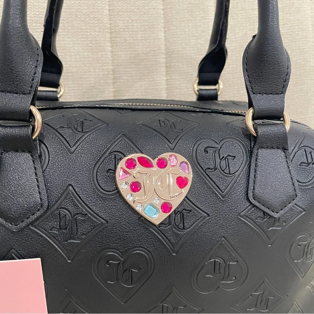 NEW Juicy Couture Black Embossed Monogram Heart Rhinestone Satchel Crossbody Bag